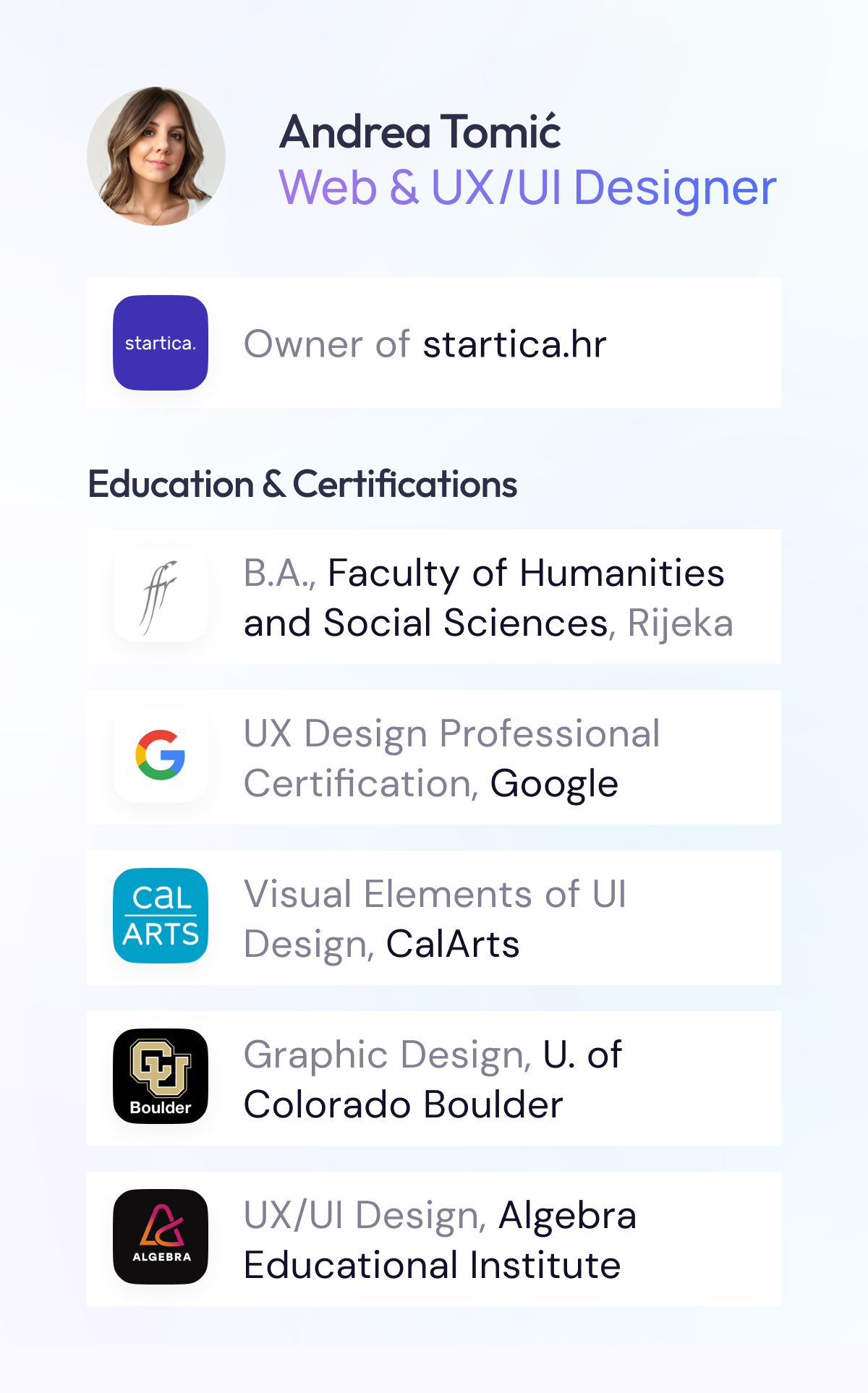 CV of Web and UX/UI Designer, Andrea Tomić